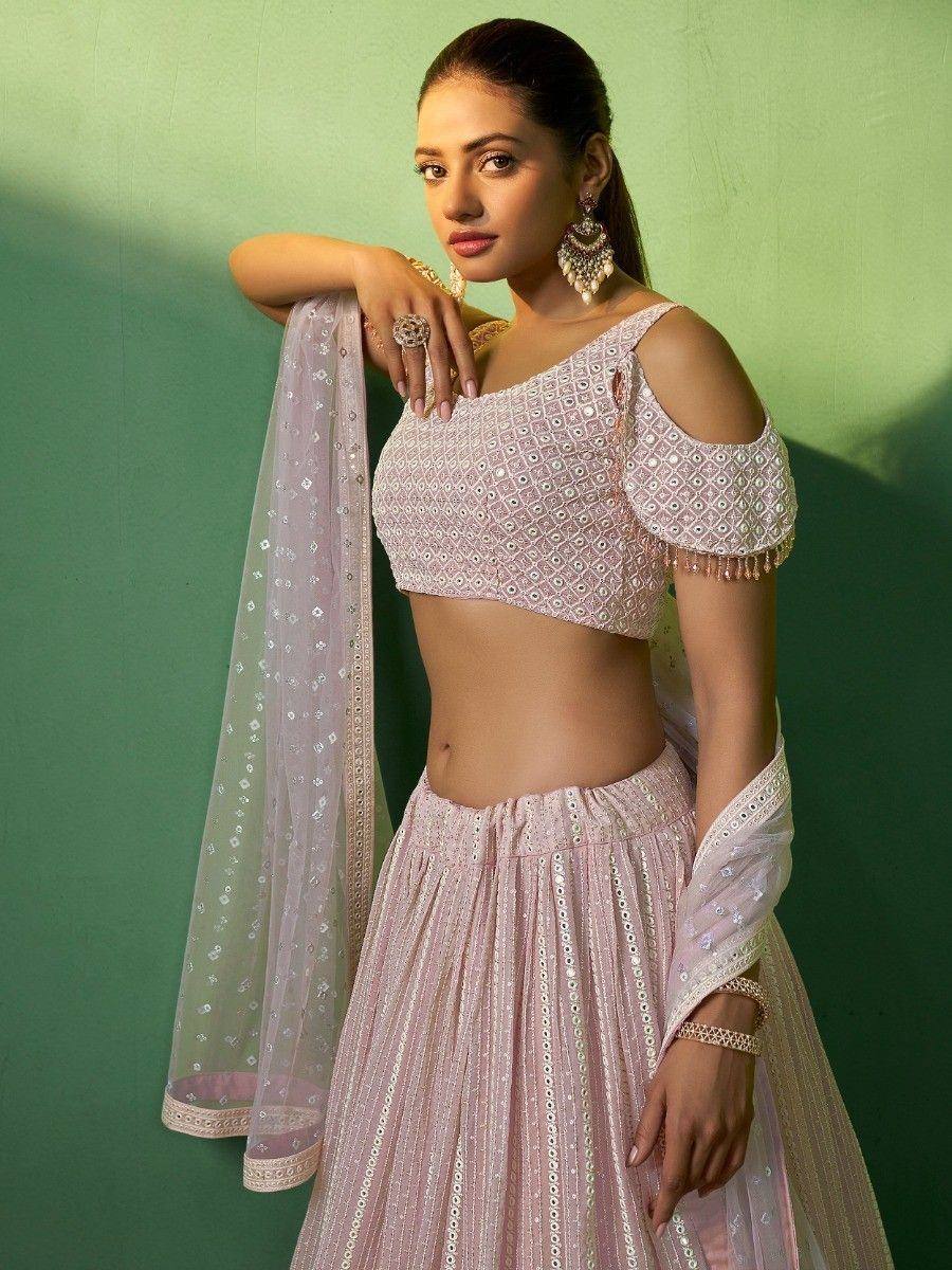 Pink embroidered lehenga choli with cold shoulder blouse and sheer dupatta, Indian ethnic wear