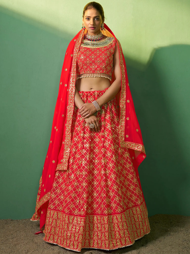 Sweet Red Embroidered Georgette Wedding Lehenga Choli With Dupatta