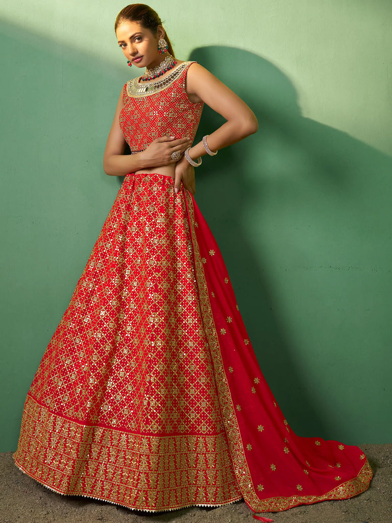 Sweet Red Embroidered Georgette Wedding Lehenga Choli With Dupatta