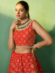 Sweet Red Embroidered Georgette Wedding Lehenga Choli With Dupatta