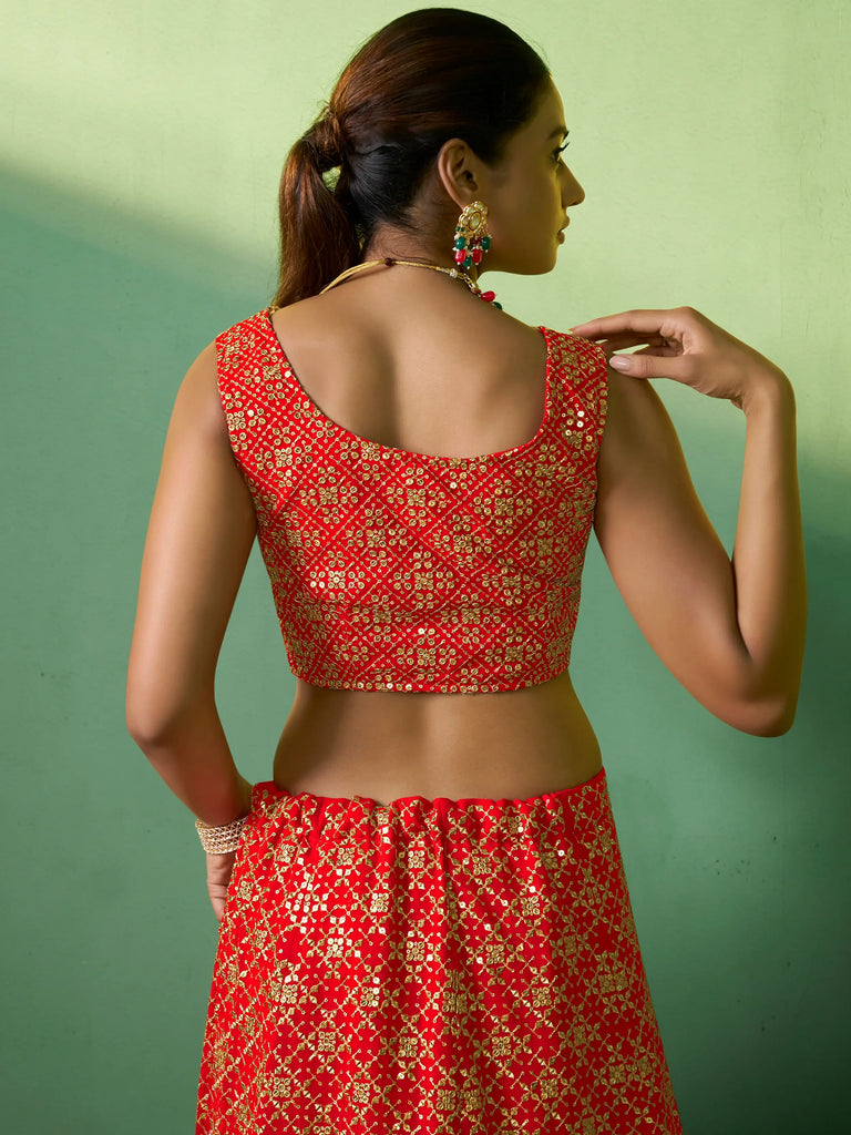 Sweet Red Embroidered Georgette Wedding Lehenga Choli With Dupatta