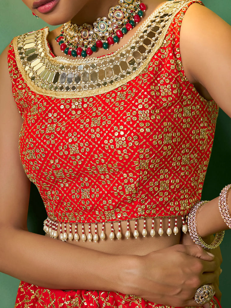 Sweet Red Embroidered Georgette Wedding Lehenga Choli With Dupatta