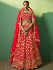 Sweet Red Embroidered Georgette Wedding Lehenga Choli With Dupatta