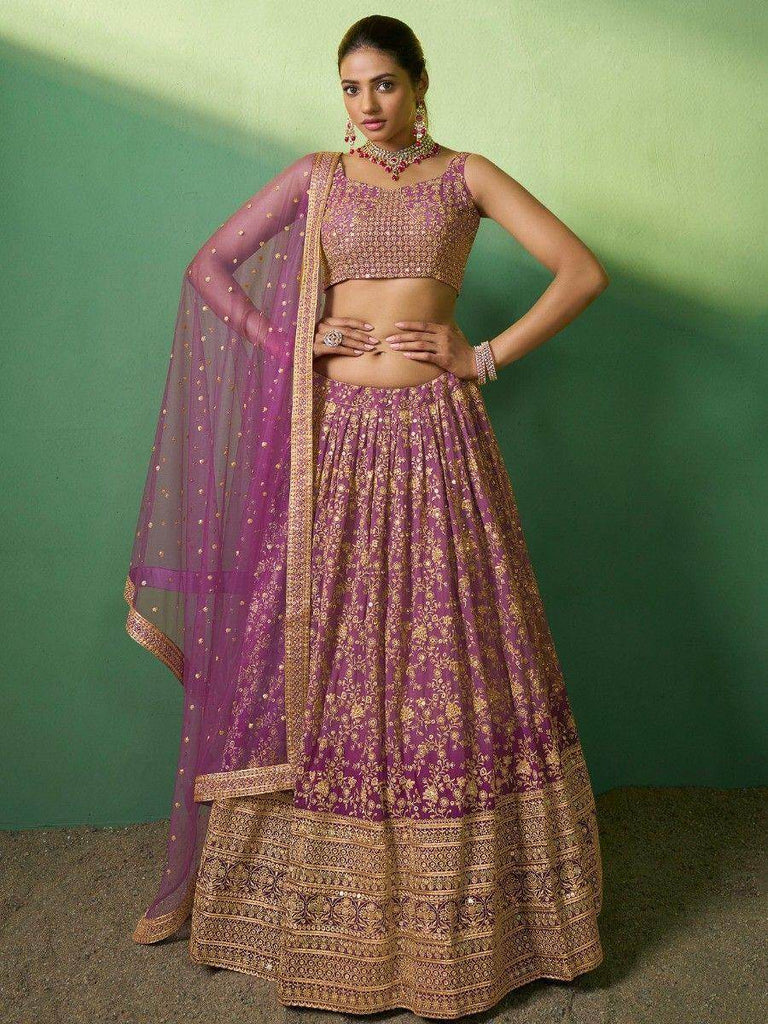 Astonishing Purple Embroidered Georgette Reception Wear Lehenga Choli