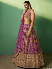 Astonishing Purple Embroidered Georgette Reception Wear Lehenga Choli