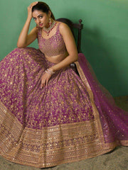 Astonishing Purple Embroidered Georgette Reception Wear Lehenga Choli