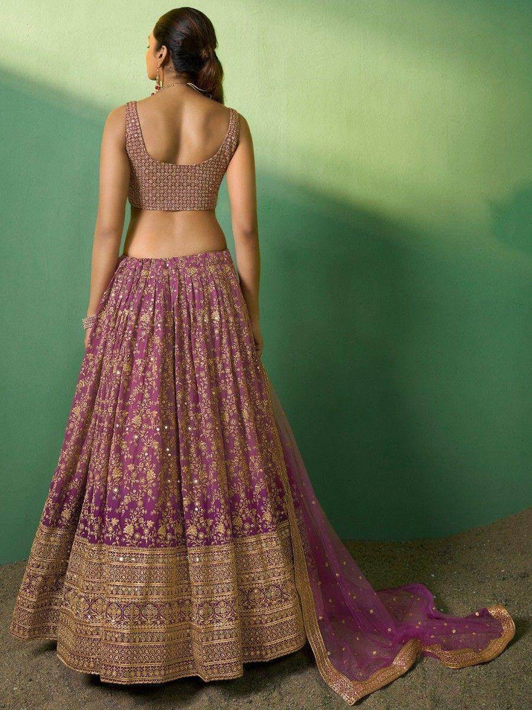 Astonishing Purple Embroidered Georgette Reception Wear Lehenga Choli