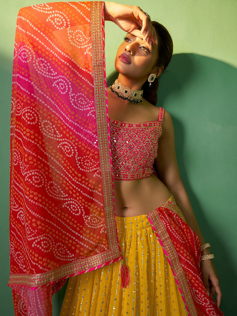 Alluring Yellow Sequins Georgette Haldi Wear Lehenga Choli With Dupatta