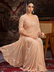 Attractive Peach Sequins Georgette Festival Wear Saree With Blouse
