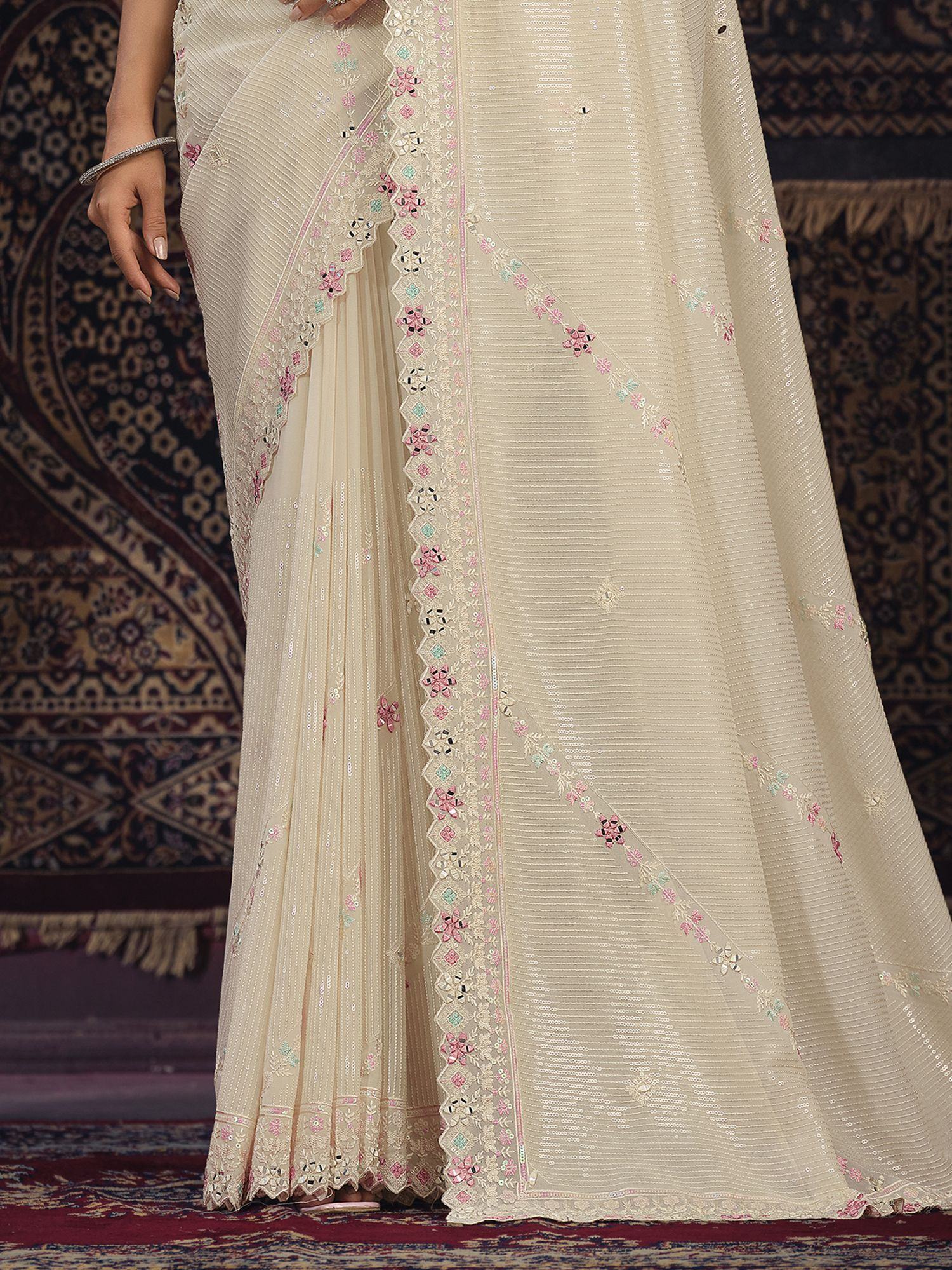 Adorable Off-White Sequins Georgette Function Wear Saree With Blouse