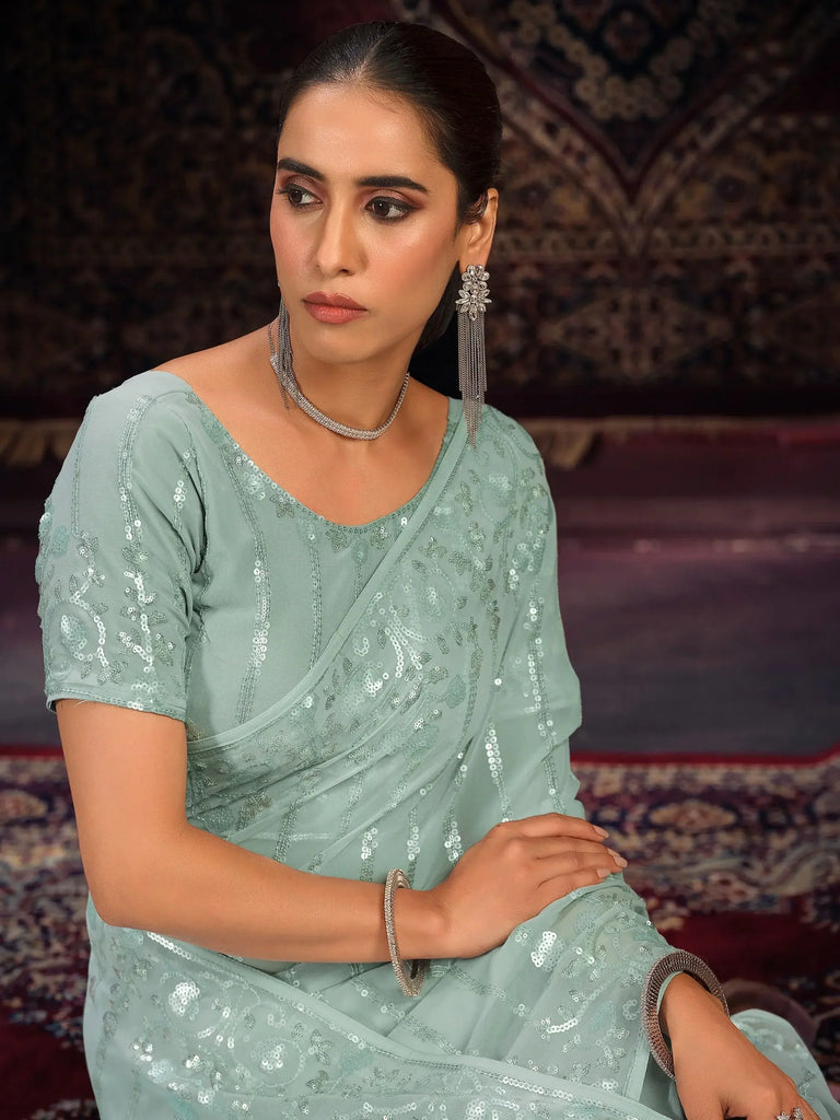 Precious Sea Green Sequins Georgette Party Wear Saree With Blouse