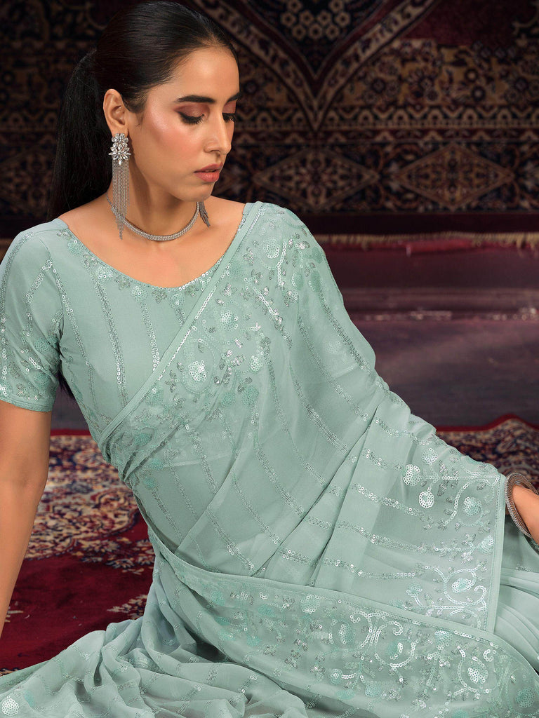 Precious Sea Green Sequins Georgette Party Wear Saree With Blouse