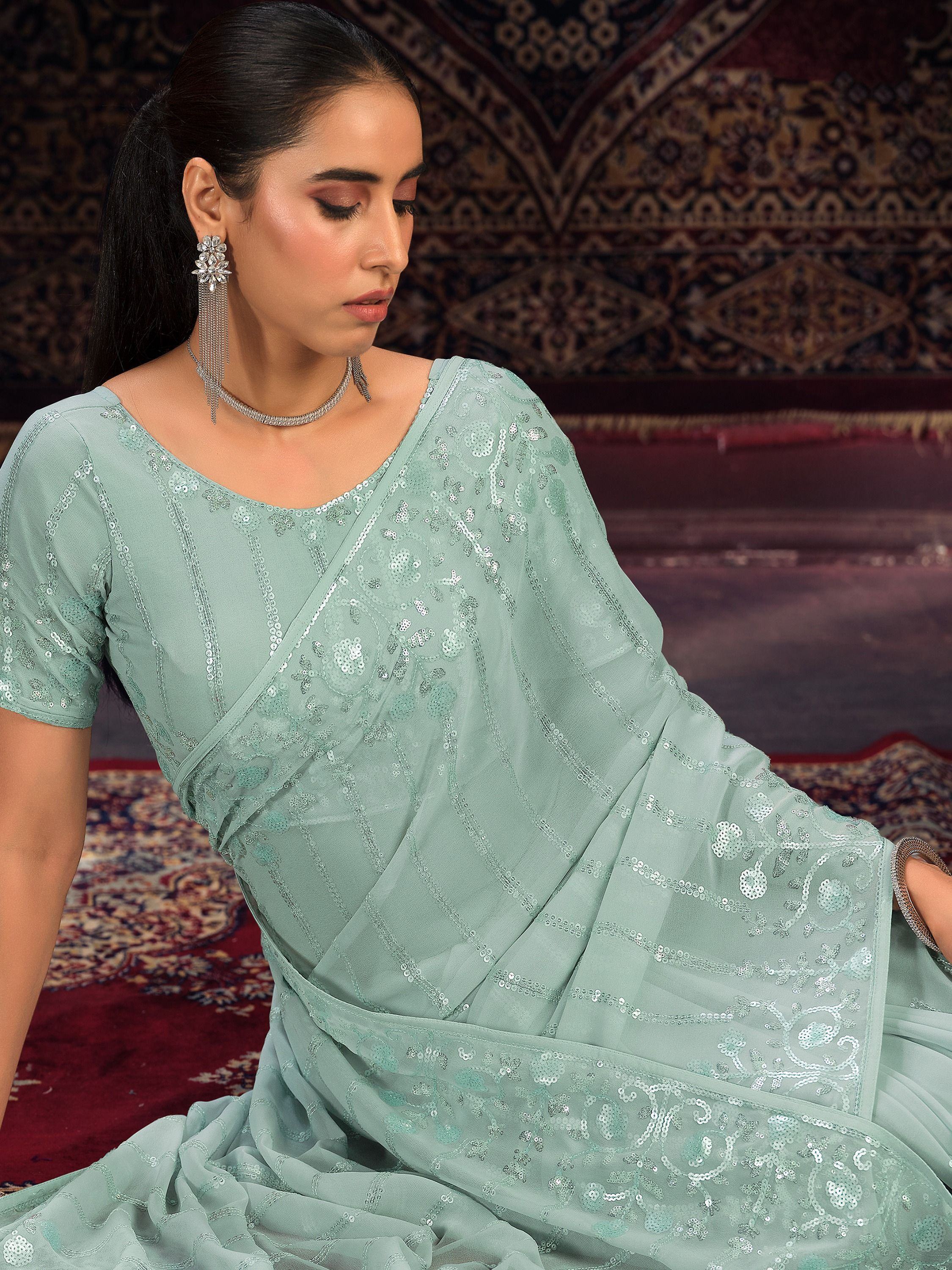 Precious Sea Green Sequins Georgette Party Wear Saree With Blouse