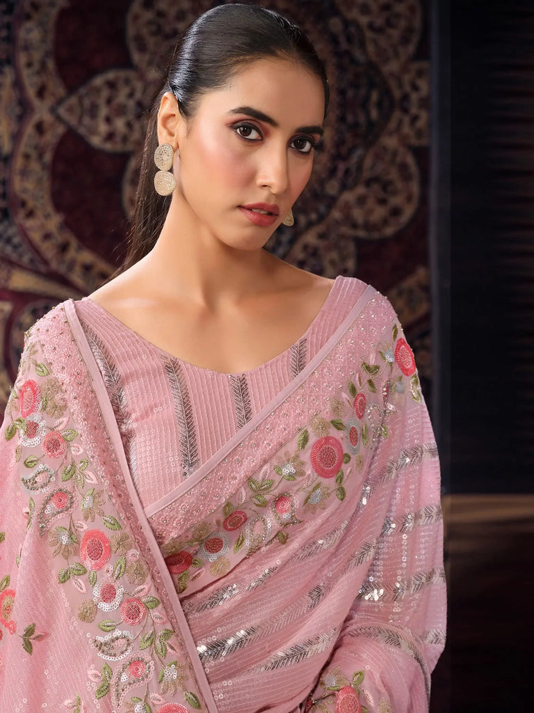 Stunning Baby Pink Sequins Georgette Wedding Saree With Blouse