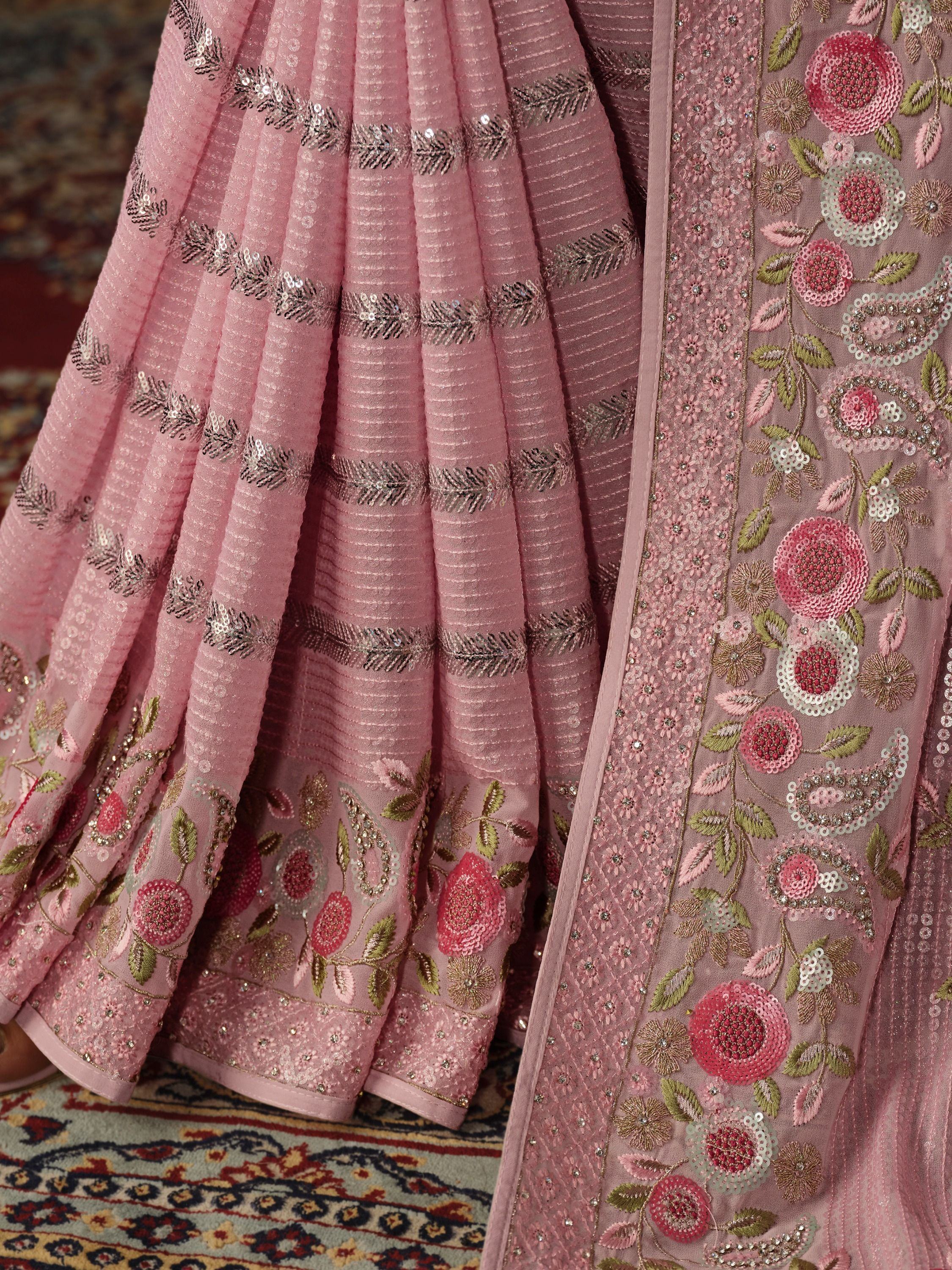 Stunning Baby Pink Sequins Georgette Wedding Saree With Blouse
