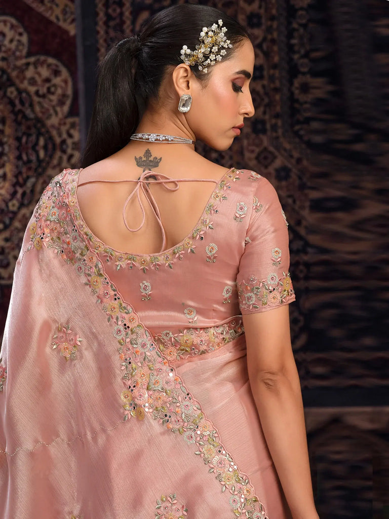 Gorgeous Peach Thread Work Organza Reception Wear Saree With Blouse