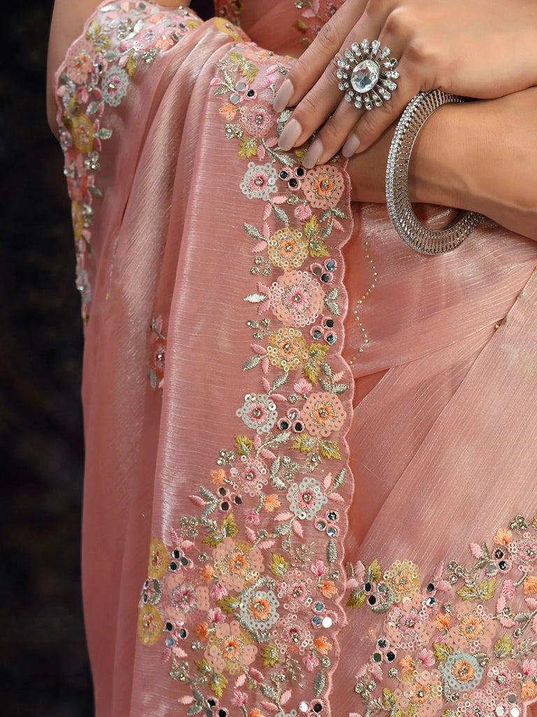 Gorgeous Peach Thread Work Organza Reception Wear Saree With Blouse