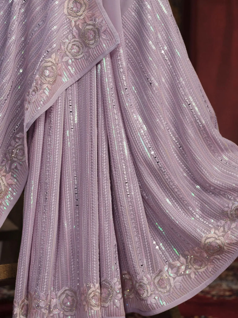 Beautiful Lavender Sequins Georgette Party Wear Saree With Blouse