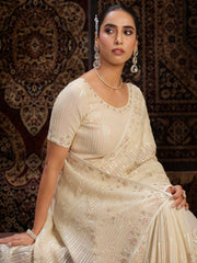 Lovely Off-White Sequins Georgette Traditional Saree With Blouse