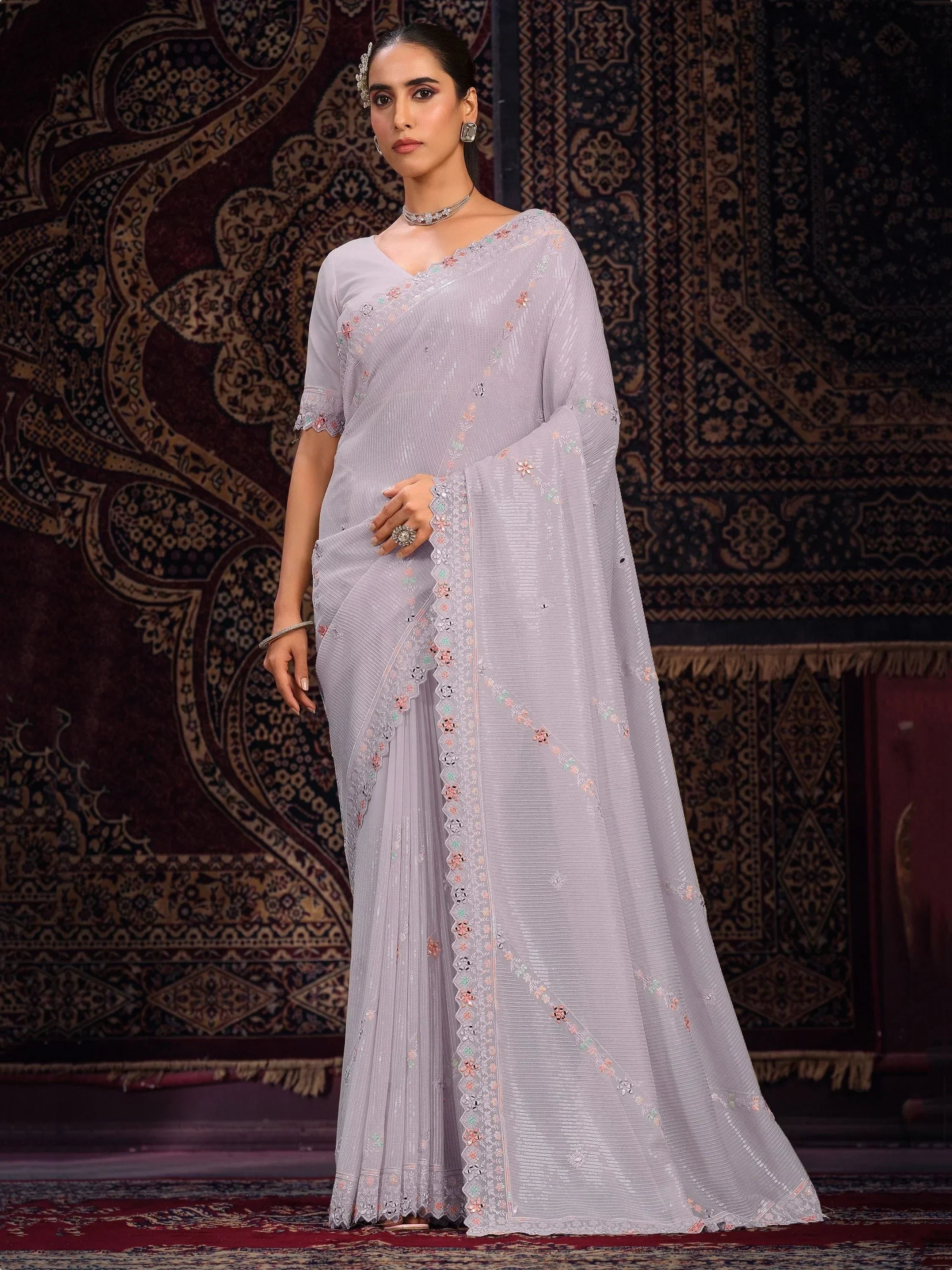 Charming Lavender Sequins Georgette Reception Wear Saree With Blouse