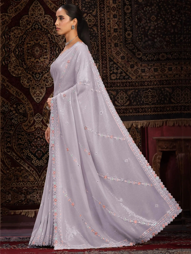 Charming Lavender Sequins Georgette Reception Wear Saree With Blouse