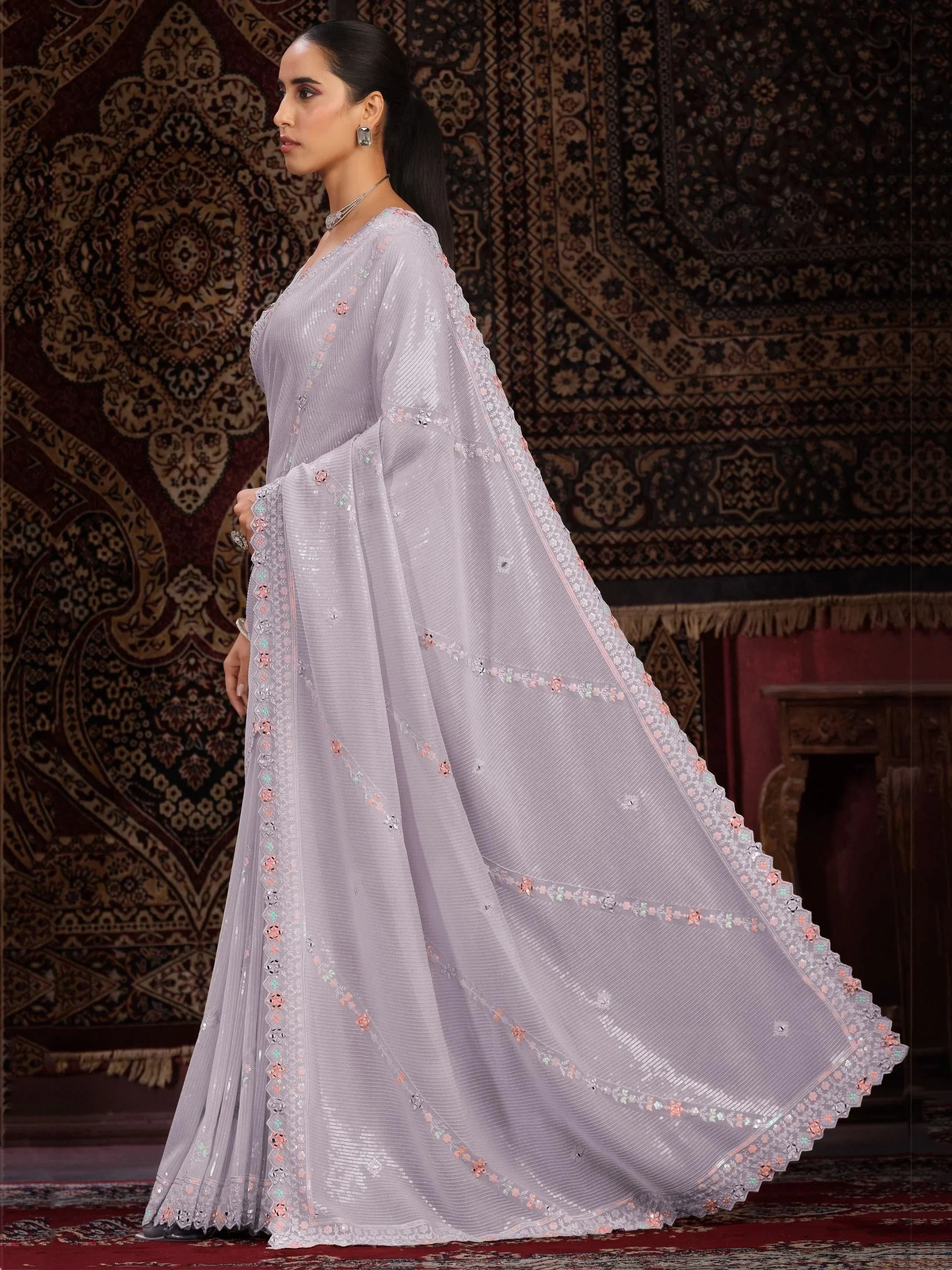 Charming Lavender Sequins Georgette Reception Wear Saree With Blouse