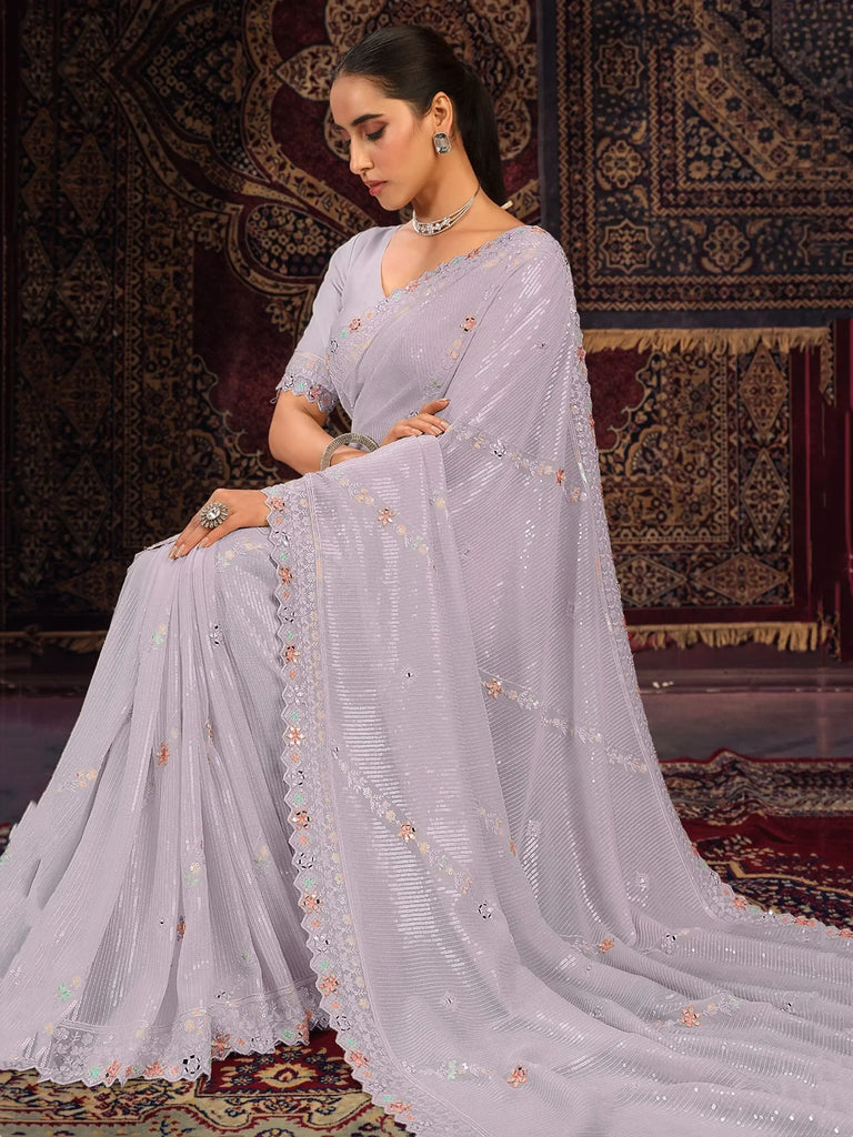 Charming Lavender Sequins Georgette Reception Wear Saree With Blouse