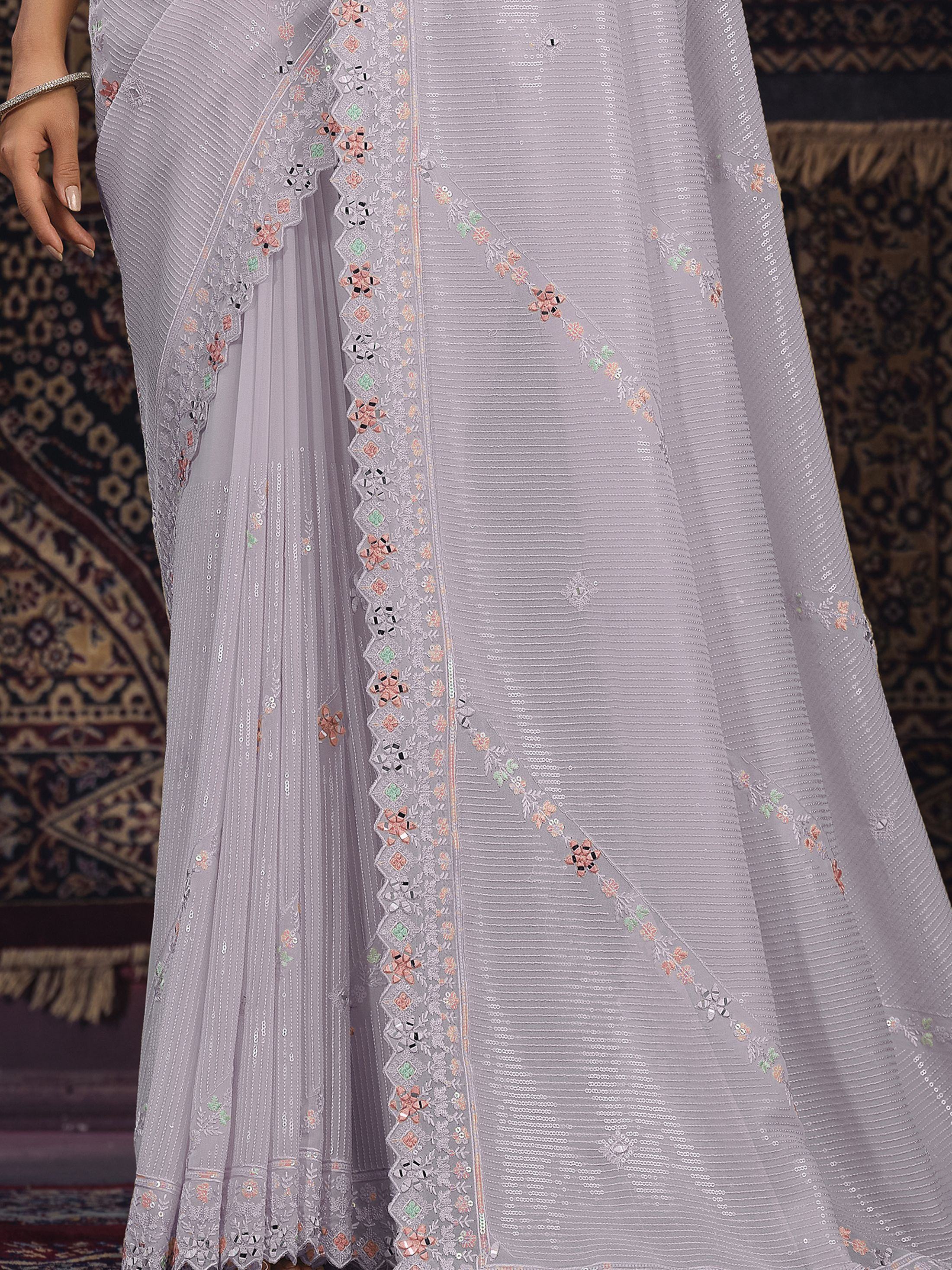 Charming Lavender Sequins Georgette Reception Wear Saree With Blouse