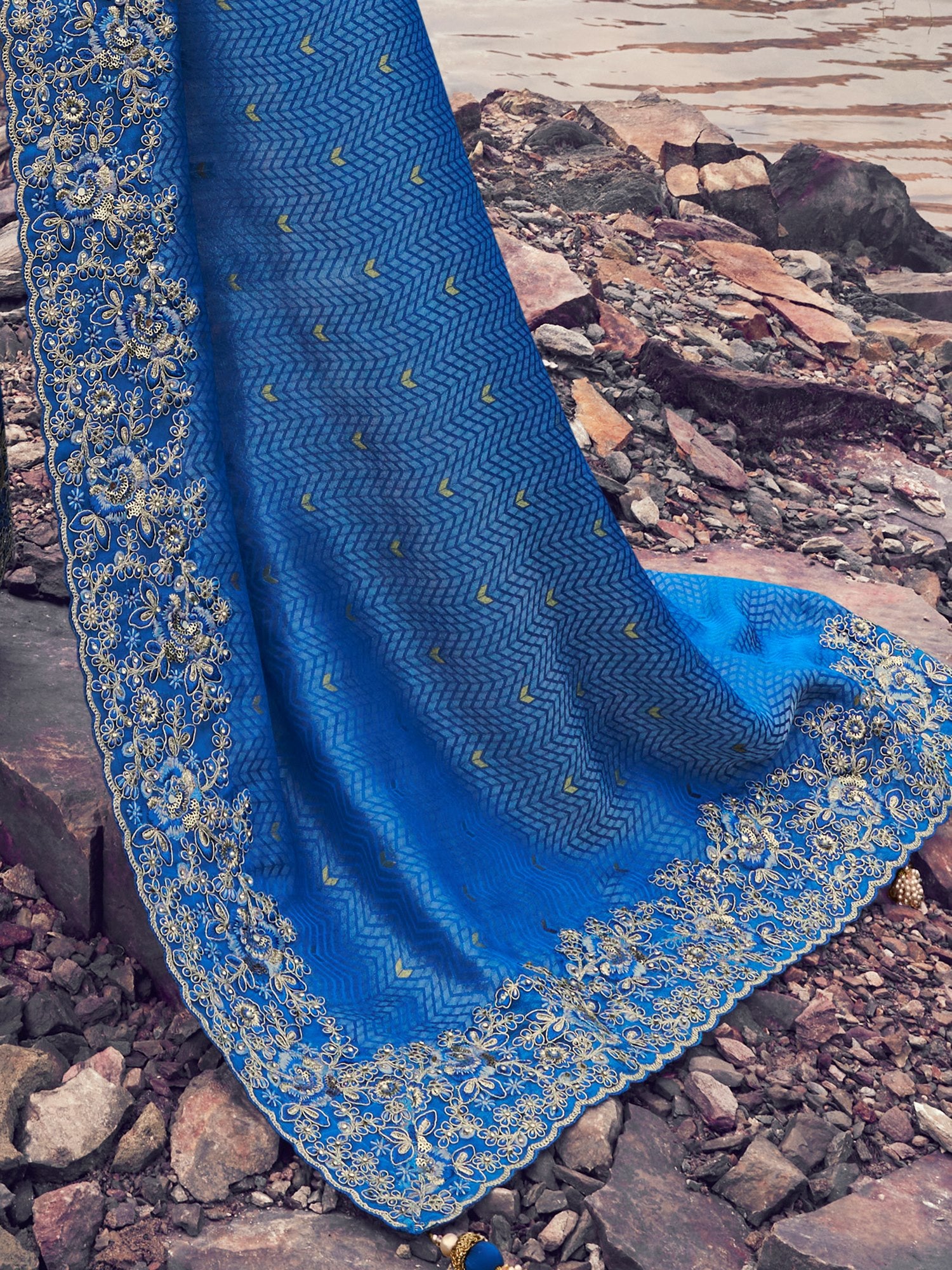 Pretty Blue Embroidered Silk Festival Wear Saree With Blouse