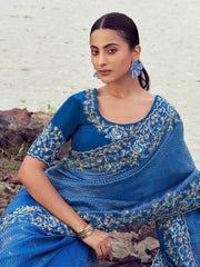 Pretty Blue Embroidered Silk Festival Wear Saree With Blouse