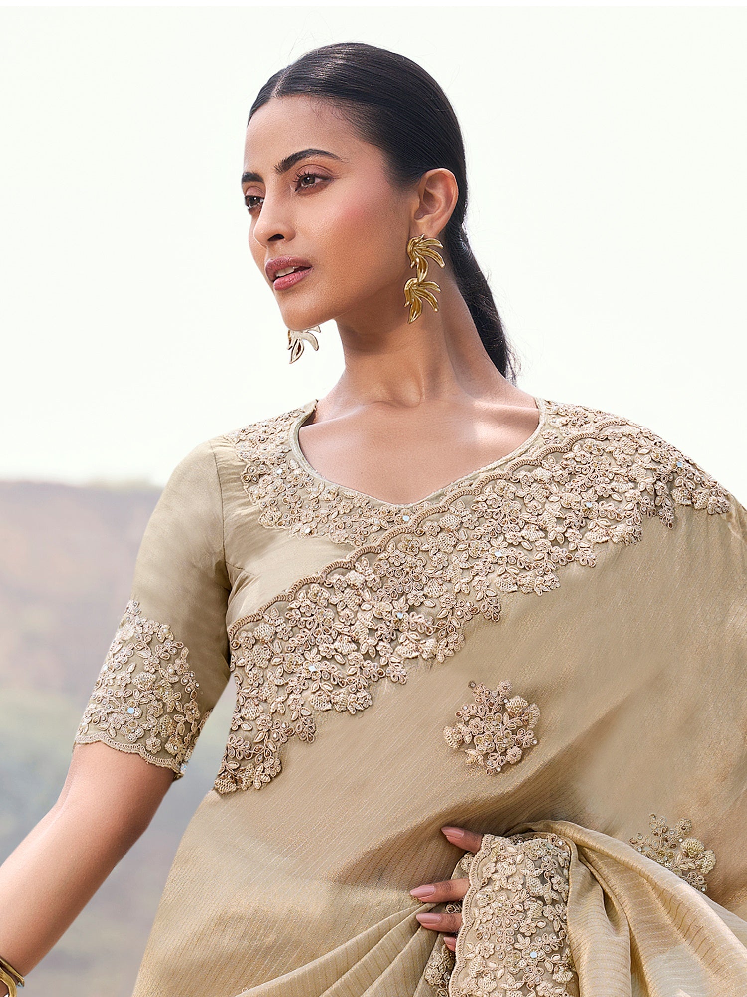 Attractive Beige Heavy Embroidered Silk Wedding Wear Saree With Blouse