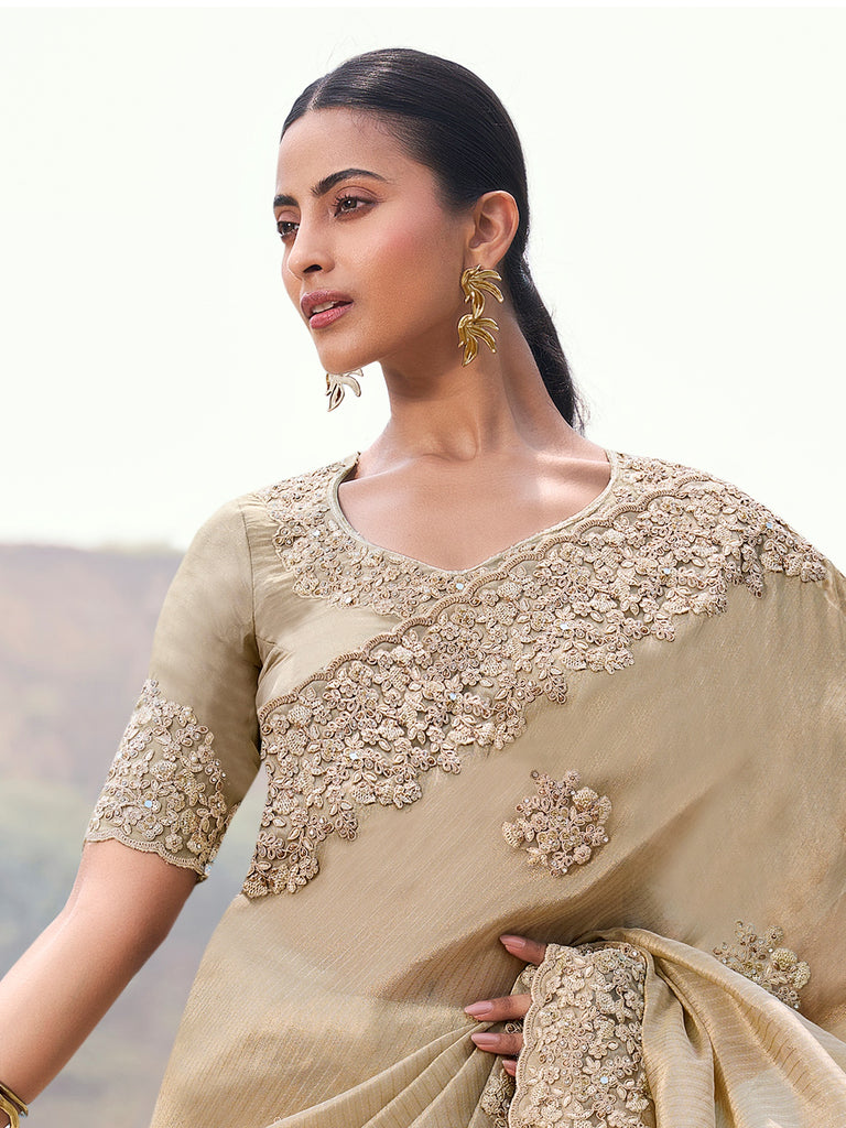 Attractive Beige Heavy Embroidered Silk Wedding Wear Saree With Blouse