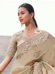 Attractive Beige Heavy Embroidered Silk Wedding Wear Saree With Blouse