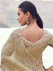 Attractive Beige Heavy Embroidered Silk Wedding Wear Saree With Blouse