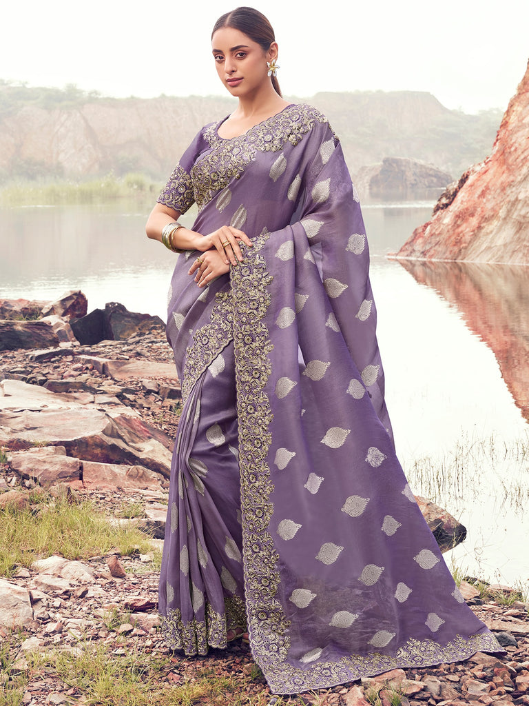 Awesome Purple Zari Embroidered Silk Festive Wear Saree With Blouse