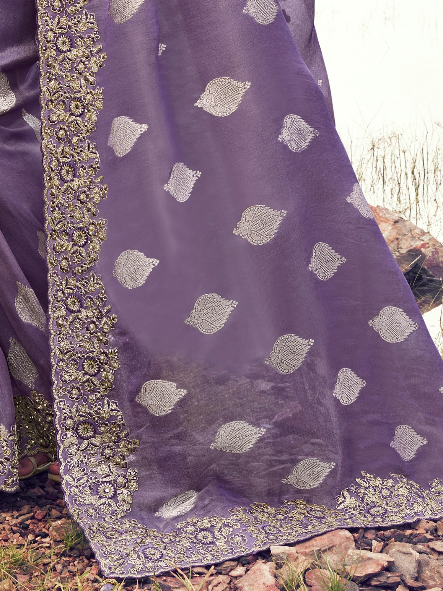 Awesome Purple Zari Embroidered Silk Festive Wear Saree With Blouse