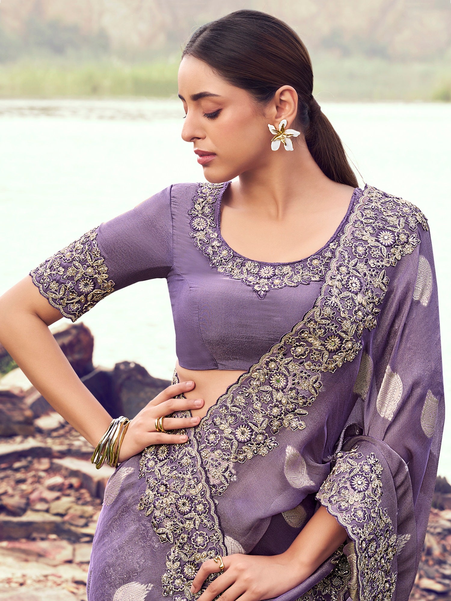 Awesome Purple Zari Embroidered Silk Festive Wear Saree With Blouse