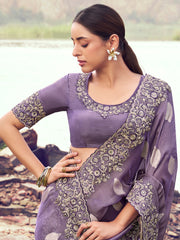 Awesome Purple Zari Embroidered Silk Festive Wear Saree With Blouse