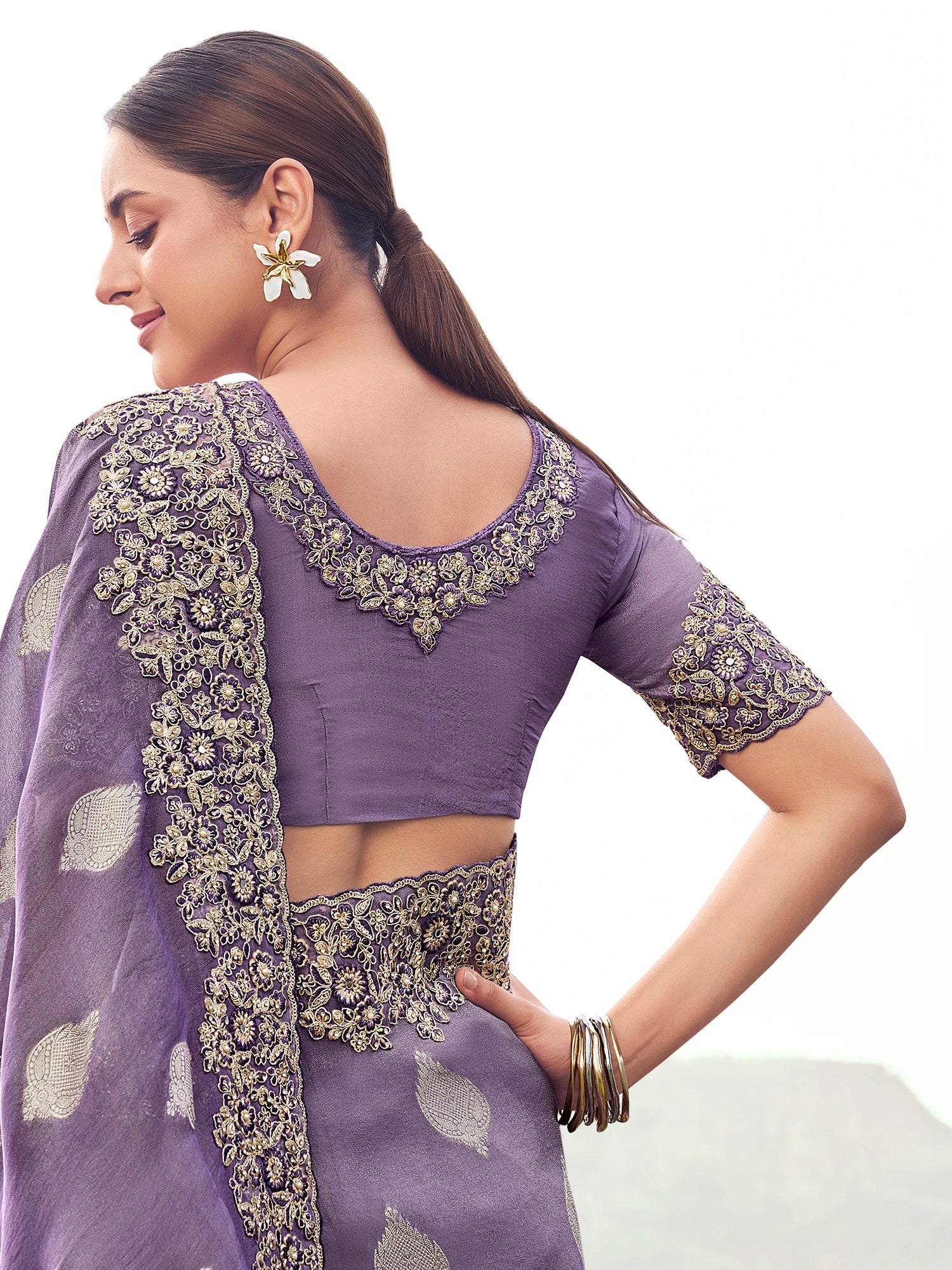 Awesome Purple Zari Embroidered Silk Festive Wear Saree With Blouse