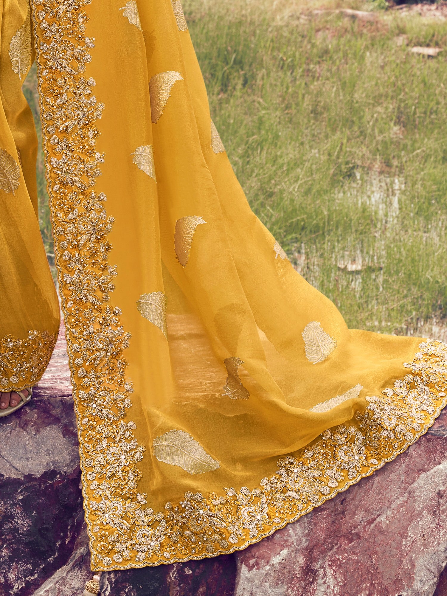 Glamorous Yellow Heavy Embroidered Silk Haldi Wear Saree With Blouse