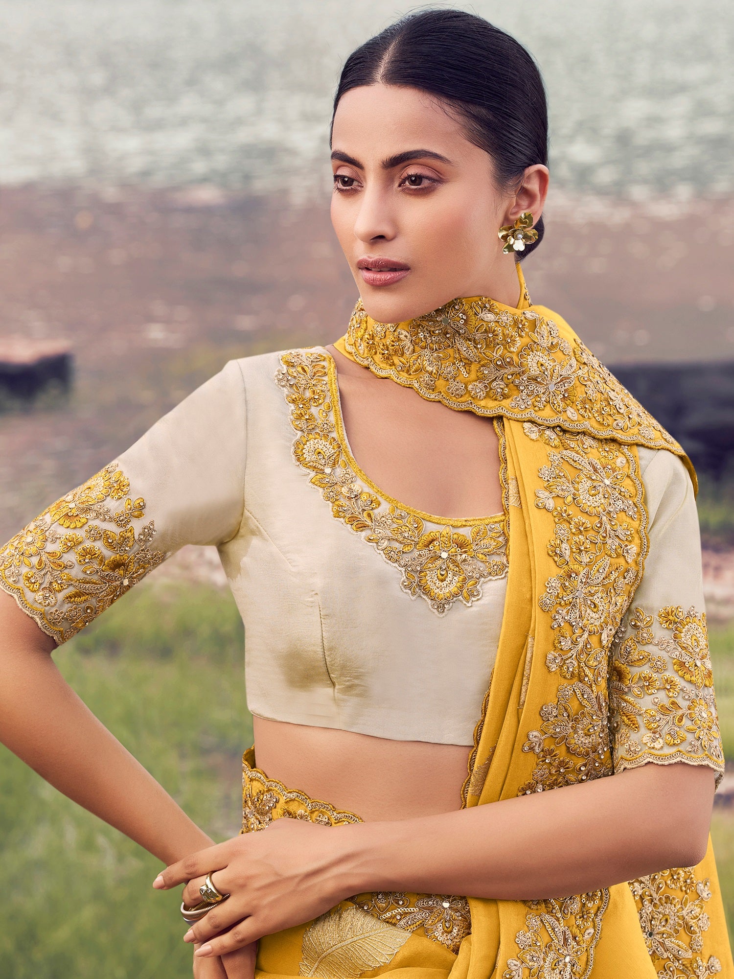 Glamorous Yellow Heavy Embroidered Silk Haldi Wear Saree With Blouse