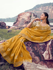Glamorous Yellow Heavy Embroidered Silk Haldi Wear Saree With Blouse