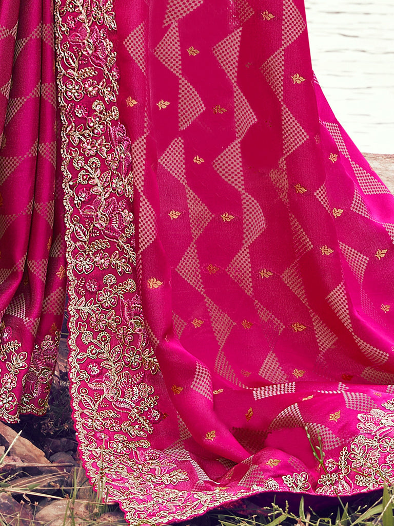 Gorgeous Pink Zari Weaving Silk Reception Wear Saree With Blouse
