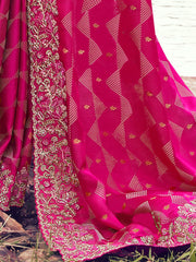 Gorgeous Pink Zari Weaving Silk Reception Wear Saree With Blouse
