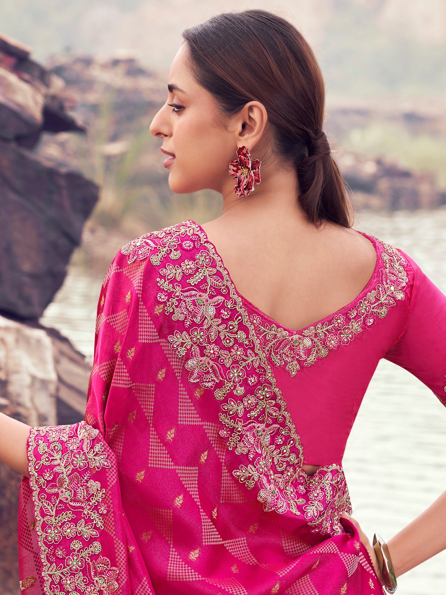 Gorgeous Pink Zari Weaving Silk Reception Wear Saree With Blouse