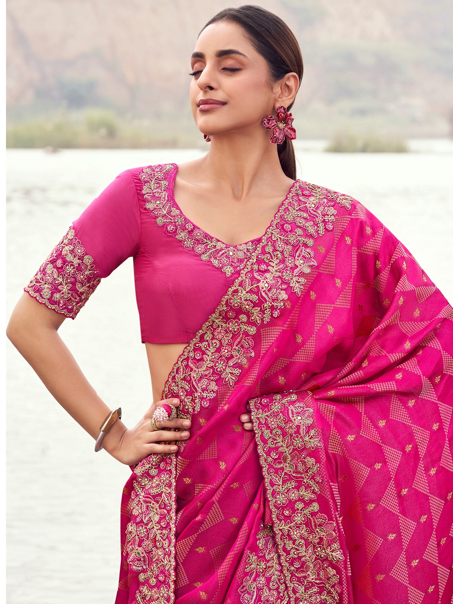 Gorgeous Pink Zari Weaving Silk Reception Wear Saree With Blouse