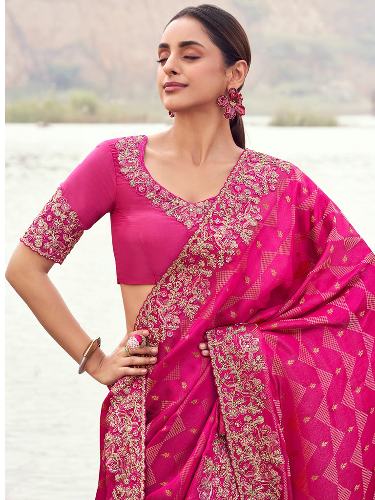 Gorgeous Pink Zari Weaving Silk Reception Wear Saree With Blouse