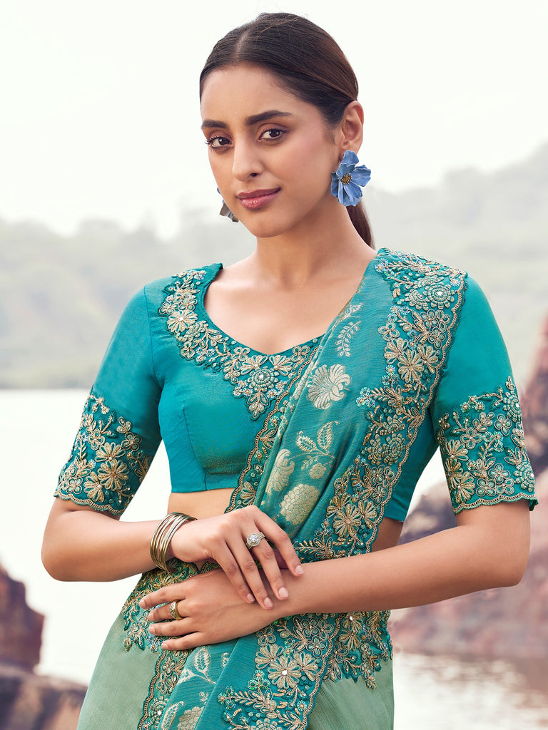 Graceful Green Embroidered Silk Wedding Wear Saree With Blouse