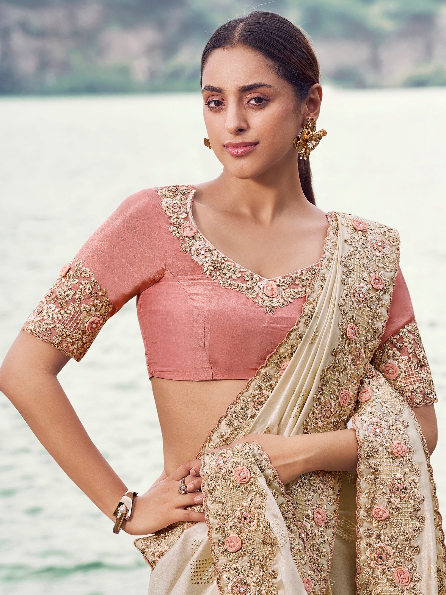 Captivating Beige Embroidered Silk Party Wear Saree With Blouse