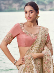 Captivating Beige Embroidered Silk Party Wear Saree With Blouse